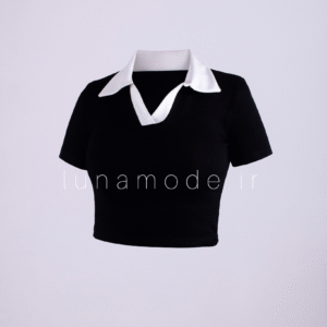 کراپ تیشرت زنانه یقه شکاری تک رنگ مشکی